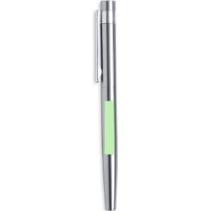 A sleek silver metal pen with a green accent and a clip for easy attachment. Features a smooth, modern design.