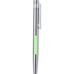 A metal pen featuring a sleek silver design with a green accent. Includes a clip for easy attachment.