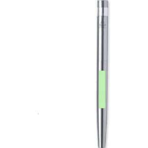A metal pen featuring a silver body and a green accent, along with branding on the surface.