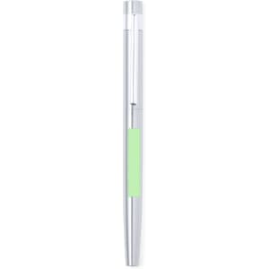 A sleek silver metal pen with a green grip and a subtle branding logo on the side.