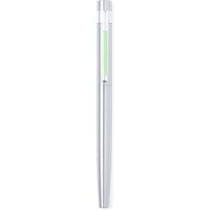 A silver metal pen featuring a transparent green section and a sleek design, with a logo on the body.