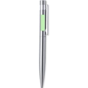 A silver metal pen with a green section and a clip. The pen has a sleek, modern design.