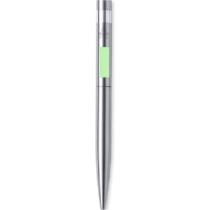 A metal pen with a sleek silver finish and a green accent, featuring a branding logo.