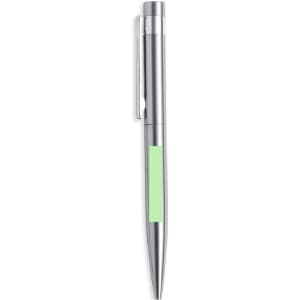 A metal pen with a shiny silver finish and a green accent strip. It features a clip for easy attachment.