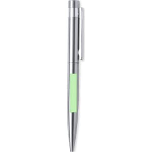 A metal pen in silver with a green accent, featuring a clip and a sleek design. It has a logo on the body.