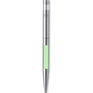 A metal pen with a silver body and a green grip area, featuring a logo.