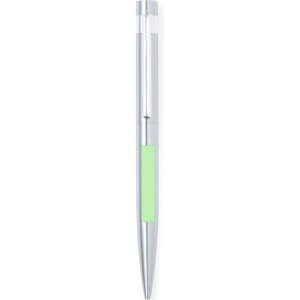 A metal pen with a silver body and a green grip. It features a logo on the surface.