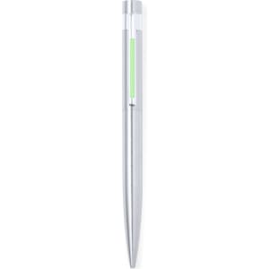 A sleek silver metal pen featuring a transparent section and a green accent. It has a modern, elegant design.