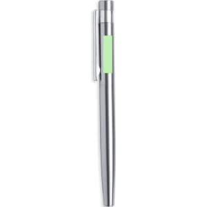 A metal pen in silver with a green accent, featuring a clip and smooth design. It has a logo on the barrel.