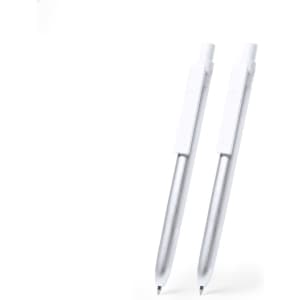 A set of two metal pens in silver with white clips, featuring a simple and modern design.