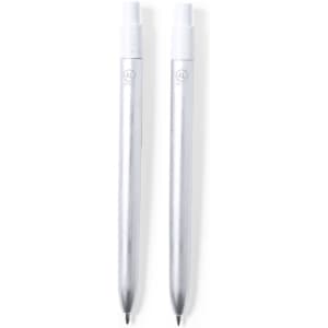 A set of two silver metal pens with a sleek design and branding on each pen.