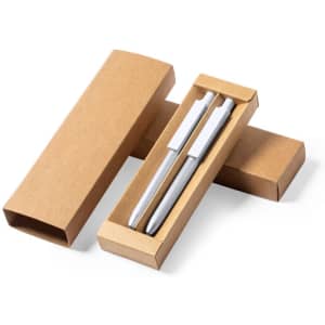 A brown cardboard box containing two silver metal pens. The box features a simple design with no visible branding.