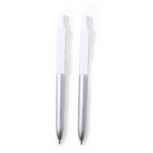 A set of two metal pens with silver tips and white textured bodies. Features a branding logo.