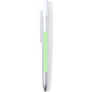 A metal pen with a shiny silver body and a mint green section in the centre. The pen has a clip and a white cap.