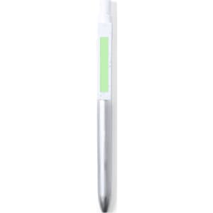 A metal pen with a silver body and a light green accent, featuring a logo on its surface.