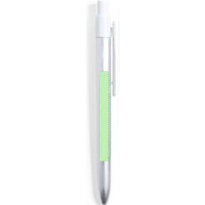 A silver metal pen with a light green grip and a clip, featuring a logo on the side.