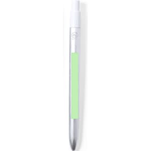 A metal pen featuring a silver body with a green grip section and a branding logo.