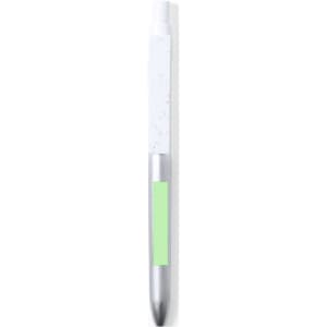 A silver metal pen with a white and green grip and an integrated logo.
