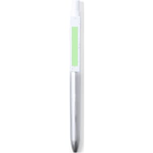 A silver metal pen with a green accent section and a logo on the side.