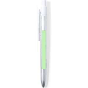 A metal pen in silver with a light green accent and a clip for easy attachment. The pen features a branding logo.