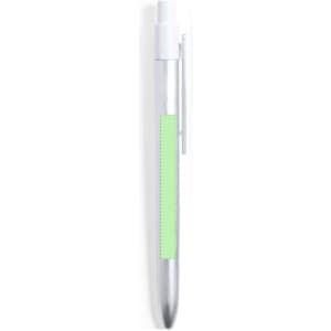 A metal pen with a silver finish and a green grip section, featuring a clip and a branding logo.