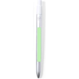 A silver metal pen with a green grip area and a logo on the barrel.