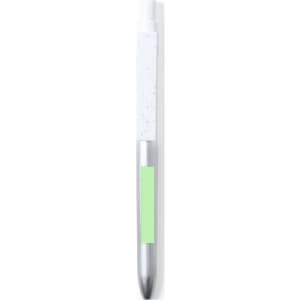 A metal pen featuring a silver body with a white speckled grip and a green accent section. It has a logo.