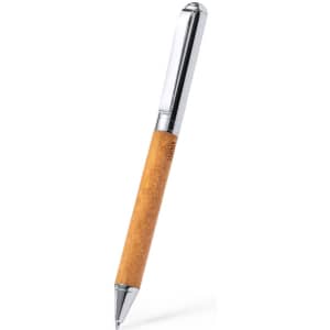 A metal pen with a wooden and chrome design, featuring a simple logo on the side.