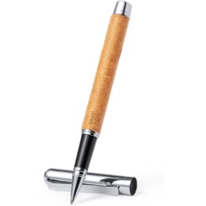 A metal pen with a wood-grain barrel and chrome accents, displayed with its cap off and resting beside it.