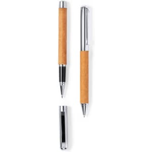 A set of two metal pens with wooden grips, featuring a shiny silver clip and accents. The product includes a branding logo.