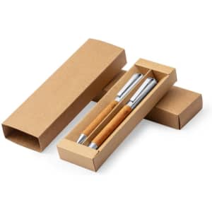 A set of two metal pens with a wooden finish, presented in a brown cardboard box. The box is slightly open.
