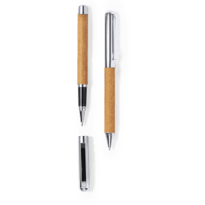 A set of metal pens featuring a brown cork grip and silver accents. The pens have a sleek design and include a logo.