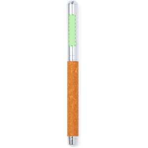 A metal pen with a green accent and a cork grip, featuring a shiny silver clip and ends.