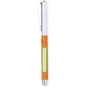 A metal pen with a silver clip and a cork-textured barrel, featuring a green accent element.