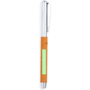 A metal pen with a shiny silver finish and a cork grip, featuring a branding logo.
