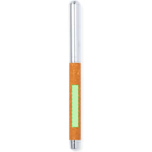 A metal pen featuring a silver top and a textured brown grip with a green accent. The pen has a logo on it.