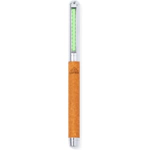 A metal pen with a cork grip and a green writing tip, featuring a clear barrel and a logo.