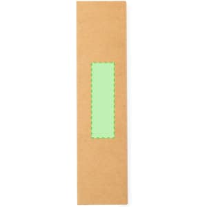 A rectangular kraft paper box with a green rectangular cutout in the centre and a logo on the surface.