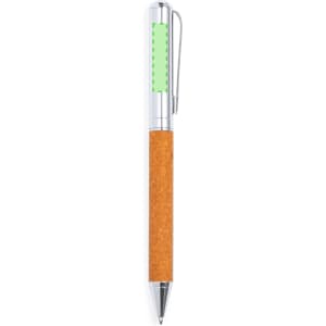A metal pen featuring a chrome finish and a cork grip, with a green highlight on the clip. Includes a logo.