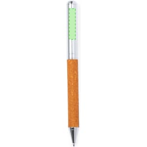 A metal pen featuring a cork grip and a clear upper section with a green accent, accompanied by a branding logo.