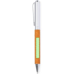 A metal pen with a silver clip and a cork body, featuring a green accent. It has a sleek design suitable for writing.