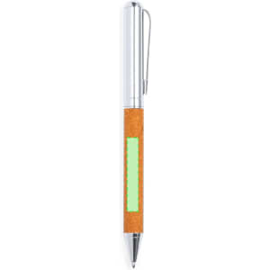 A metal pen featuring a cork grip and a shiny silver clip, with an area for branding. The colour scheme includes brown and silver.