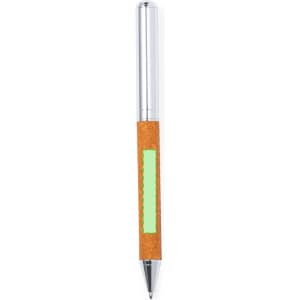 A metal pen with a silver tip and a cork body featuring a green accent. It has a logo on its surface.