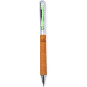 A metal pen with a cork-like grip and a clear barrel, featuring a branded logo. The ink cartridge is bright green.