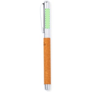 A metal pen with a cork grip and silver accents, featuring a green section on the clip. Brand logo is visible.