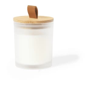A frosted glass candle with a wooden lid and leather strap, featuring a minimalist design in neutral tones.