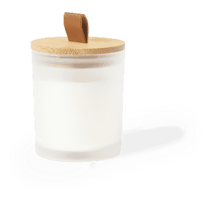 A glass candle with a wooden lid and a leather handle, featuring a frosted white appearance.