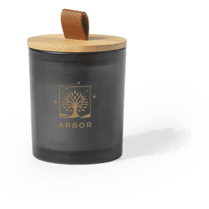 A black aromatic candle with a wooden lid featuring a logo. The lid has a leather handle.