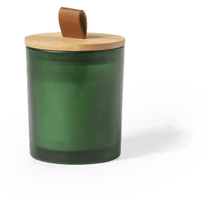 A green glass candle with a wooden lid and a leather strap for easy lifting.