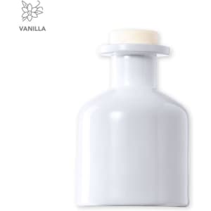 A white aromatic diffuser with a round base and a plain top, featuring a floral logo.